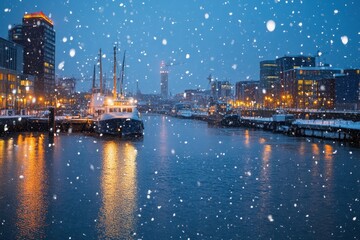 Evening snowfall blankets the harbor area, creating a serene winter atmosphere, City Harbor Area In The Evening In Snowfall