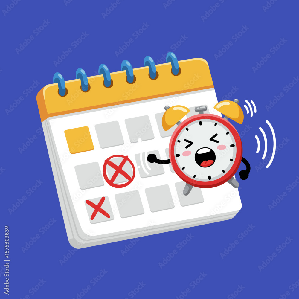 Poster a cheerful cartoon alarm clock excitedly interacts with a calendar, highlighting a specific date wit