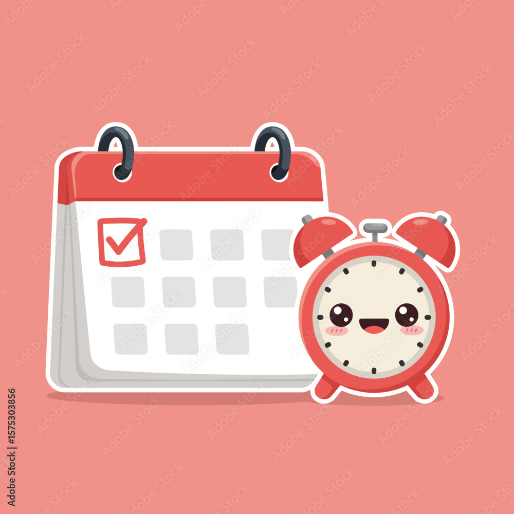 Poster cute cartoon alarm clock and calendar with a checked date, representing time management and scheduli