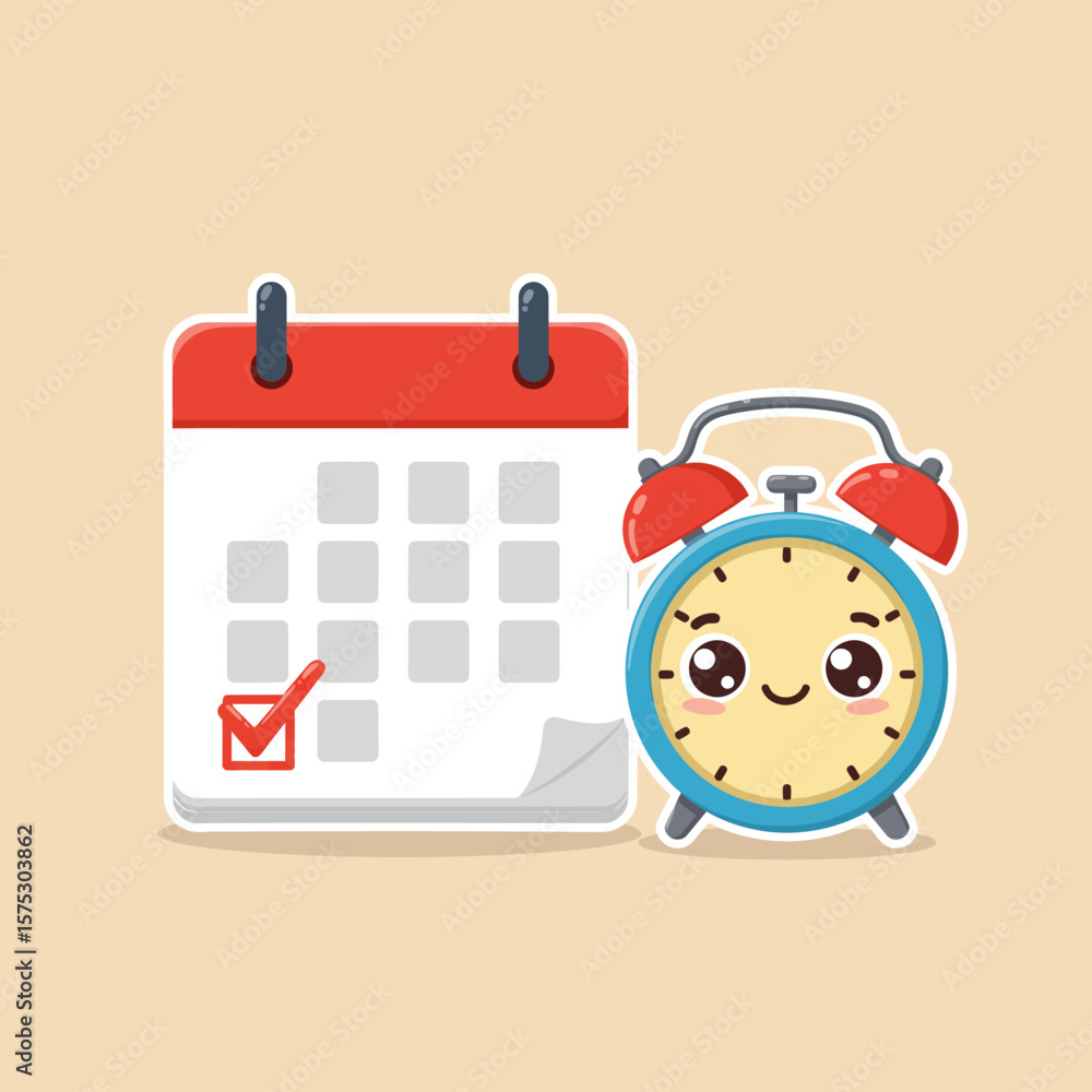 Poster a cheerful cartoon alarm clock stands beside a calendar with a red checkmark, symbolizing important 