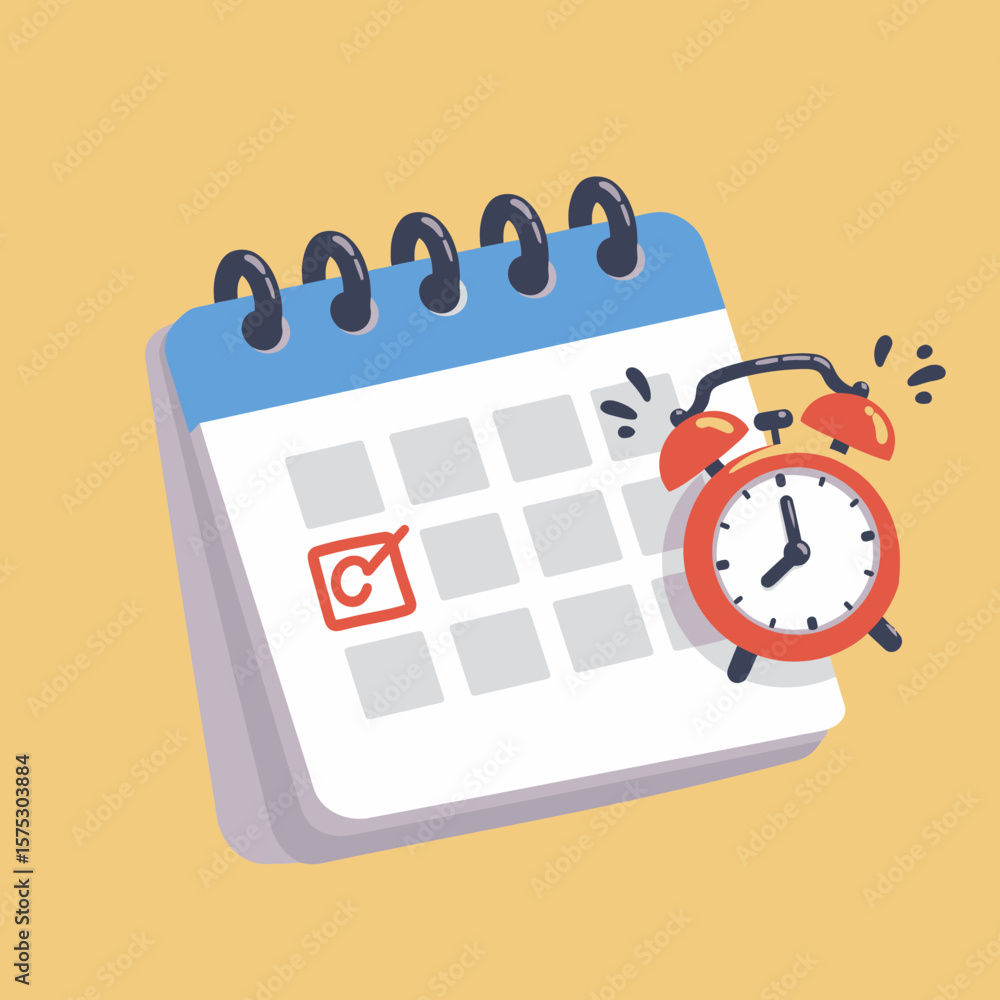 Poster a cheerful illustration of a calendar and alarm clock, symbolizing scheduling and time management.