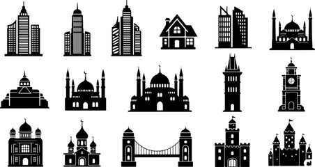 Collection of diverse architectural silhouettes including modern skyscrapers traditional houses mosques a clock tower a bridge and castles on a white background