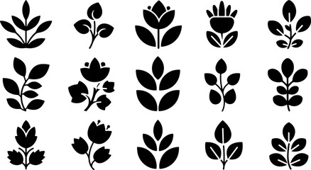 Collection of stylized black botanical icons featuring various leaf arrangements and floral silhouettes on a clean white background