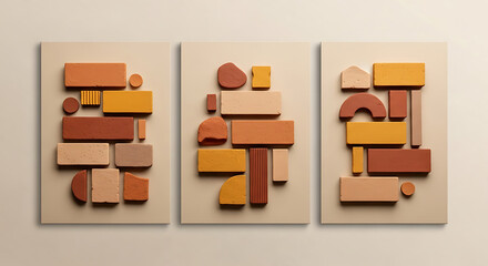 Three abstract composition wall art panels with geometric forms and earthy tones