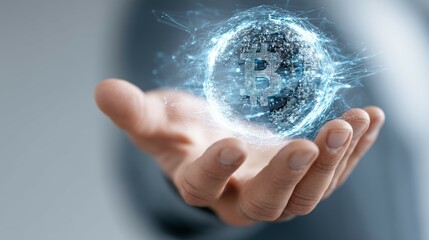 Digital Concept of Cryptocurrency with Bitcoin Symbol in Energetic Sphere Above Hand