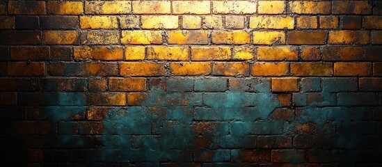 Fototapeta premium Grungy brick wall with teal and yellow hues, illuminated from above.