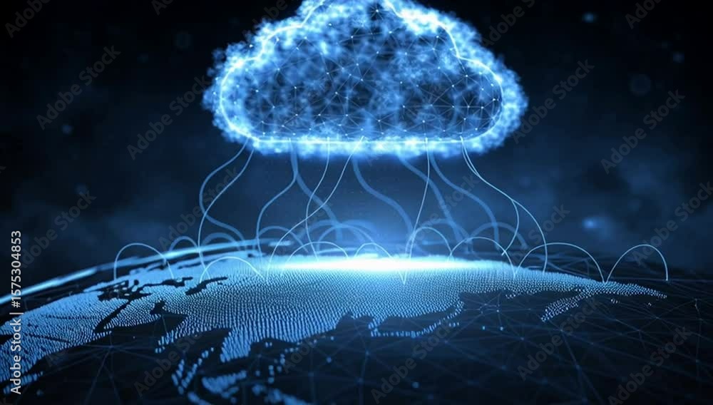Poster a digital cloud icon glowing in blue light with lines connecting to various parts of the world, symb