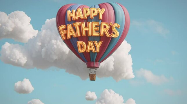 Looping animation of a heart-shaped balloon rising beside glowing &ldquo;Happy Father&rsquo;s Day&rdquo; message in the sky, soft clouds drifting slowly, bright and cheerful color palette, 4K seamless loop.