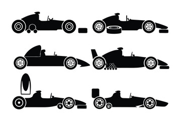 Racing Car Silhouettes: A collection of six distinct racing car silhouettes, showcasing various designs and angles.  Perfect for design projects, presentations, or any racing-themed material.