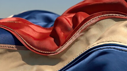 Worn flag, billowing, outdoors, sunny sky, patriotic imagery