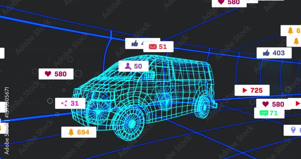 Poster at start cyan wireframe van in neon grid notification icons floating showing rising counts fading