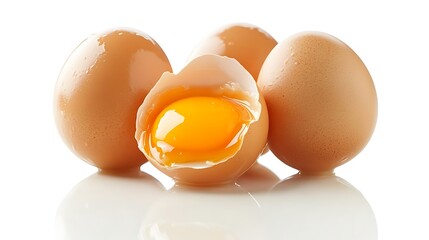Fresh Brown Eggs with Broken Egg and Bright Yellow Yolk on White Surface