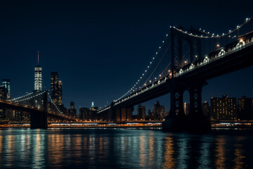 Fototapeta premium A stunning night view of a city bridge with glowing lights reflecting on the water. The skyline of tall buildings in the background adds a vibrant and elegant metropolitan atmosphere.