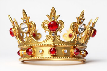 Gold crown of queen with red and white jewel of precious stones. 3d rendering.