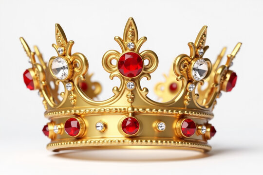 Gold crown of queen with red and white jewel of precious stones. 3d rendering.