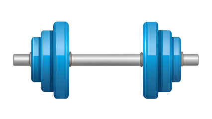A shiny blue dumbbell with stacked weight plates on a silver bar, isolated on a transparent background