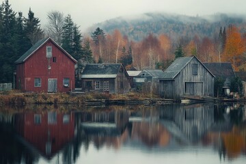 Fototapeta premium Lakeside buildings reflect serene autumn landscape amidst misty mountains and colorful foliage, Buildings on a lake shore