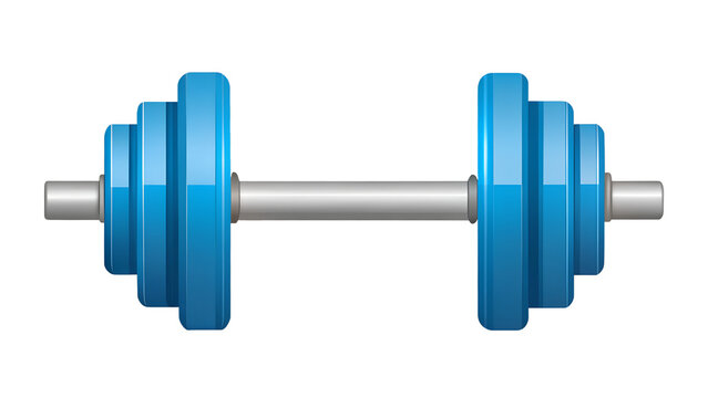 A shiny blue dumbbell with stacked weight plates on a silver bar, isolated on a transparent background