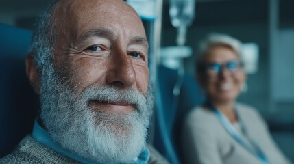 Joyful senior couple enjoying time together in a health care setting, smiling and relaxed