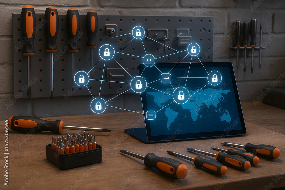 Poster cyber security concepts illustrated with networked padlock icons and tools on a wooden workbench