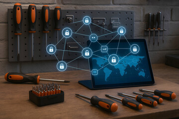 Cyber security concepts illustrated with networked padlock icons and tools on a wooden workbench