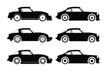 Silhouette of Sleek Vehicles: A collection of six meticulously crafted, black silhouette vehicles, showcasing their aerodynamic designs and sporty features in a display of automotive elegance.
