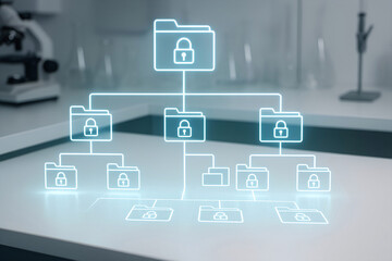 Digital data security conceptual image with secured folders and padlocks on a laboratory background