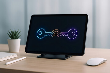 Digital key icon displayed on a tablet suggesting cybersecurity and secure online access in a modern office setting.