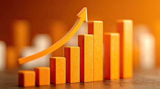 Orange bar graph arrow rising upwards, symbolizing business financial growth, success and data analytics
