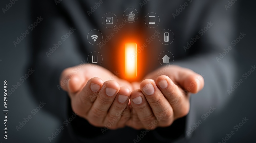 Poster hands holding light with digital icons representing technology and innovation concepts