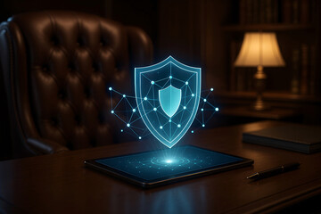 Digital security concept with a glowing shield projected over a tablet representing data protection and cyber safety in a professional office setting