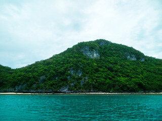 Beautiful Seascape with Mountains, Blue Ocean, and Islands under Clear Sky at Ang Thong National Marine Park, Koh Samui, Thailand