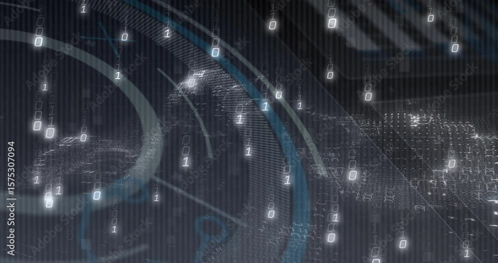 Poster pale glow traveling around data rings driving code ripples drifting binary digits beside block mesh