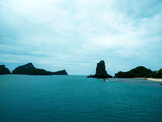 Beautiful Seascape with Mountains, Blue Ocean, and Islands under Clear Sky at Ang Thong National Marine Park, Koh Samui, Thailand