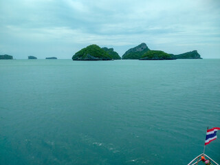 Beautiful Seascape with Mountains, Blue Ocean, and Islands under Clear Sky at Ang Thong National Marine Park, Koh Samui, Thailand