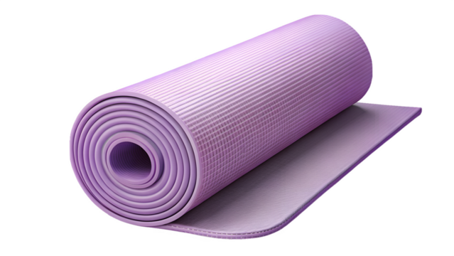 A rolledup purple yoga mat with a textured surface, ready for exercise and fitness activities, isolated on a transparent background