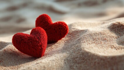 Fototapeta premium Two red hearts on sand