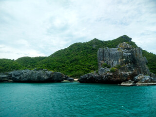 Beautiful Seascape with Mountains, Blue Ocean, and Islands under Clear Sky at Ang Thong National Marine Park, Koh Samui, Thailand