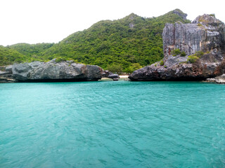 Beautiful Seascape with Mountains, Blue Ocean, and Islands under Clear Sky at Ang Thong National Marine Park, Koh Samui, Thailand