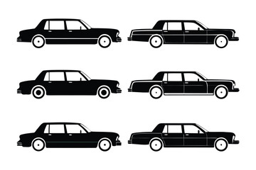 Classic Limousine Icons: A collection of six classic black limousine icons with white outlines, embodying elegance and luxury transportation in a minimalist vector style.