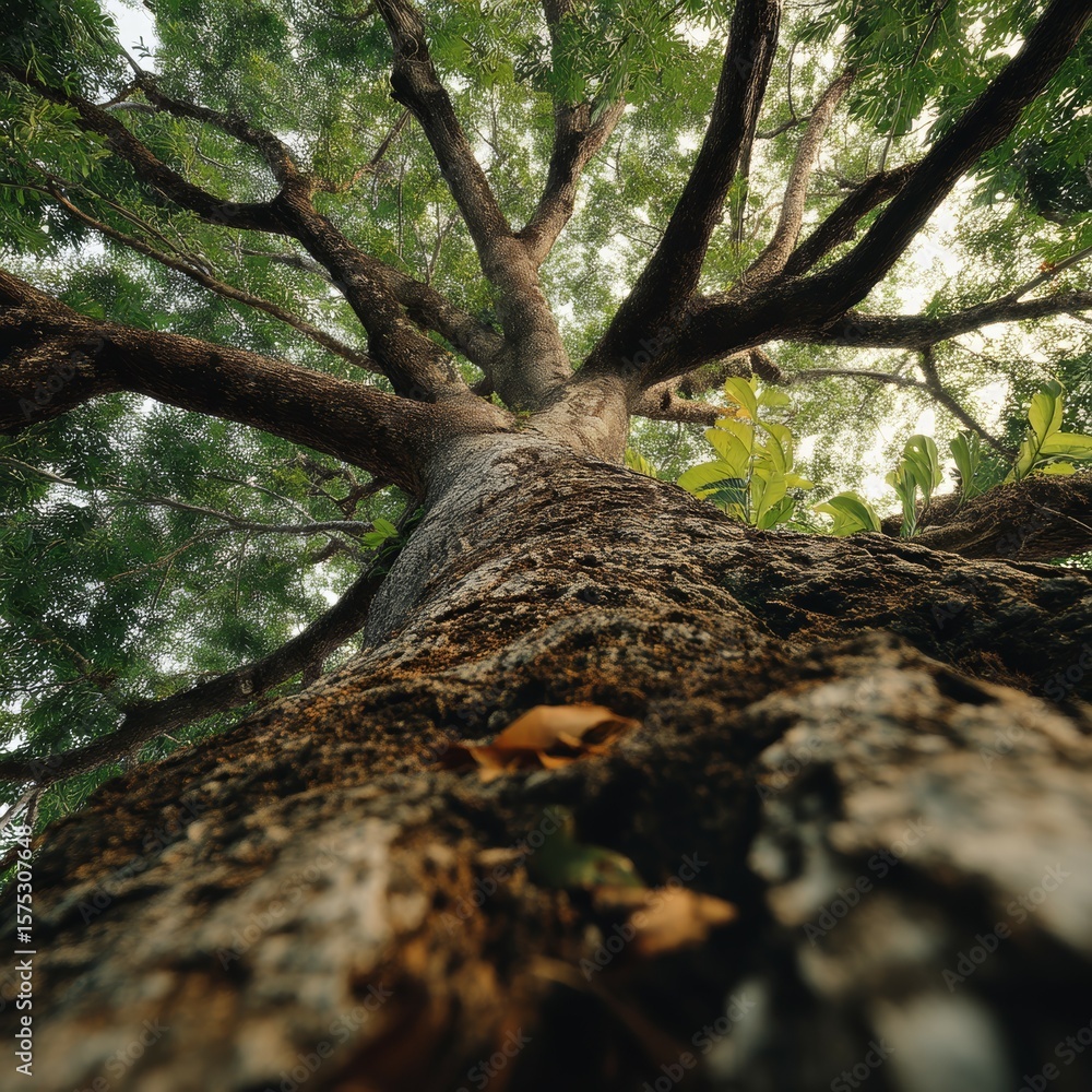 Aufkleber close-up view of a tall tree trunk from ground perspective in a lush green forest setting