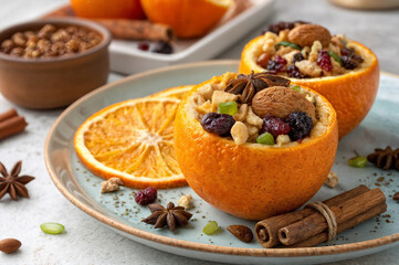 shows two orange halves filled with a mixture of nuts, dried fruits, and other ingredients, placed on white plates with additional nuts and spices scattered nearby. The setting is likely a festive or 