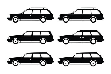 Classic Station Wagon Silhouette: A set of six sleek, black silhouettes of a classic station wagon, a symbol of vintage travel and family adventures. They are ideal for representing transportation.