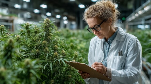 Scientist Analyzing Cannabis Plants in Greenhouse Environment