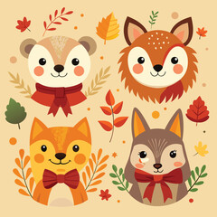 Obraz premium A fun collection of cute cartoon animal heads featuring a cat, dog, tiger, fox, pig, and bear