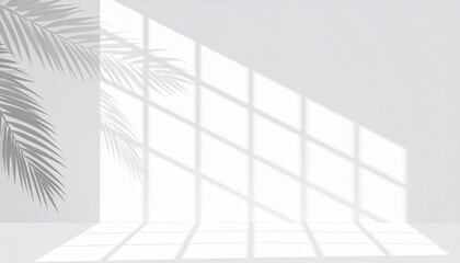 Soft overlay of palm leaves and window grid shadows on bright wall, tropical indoor mood.