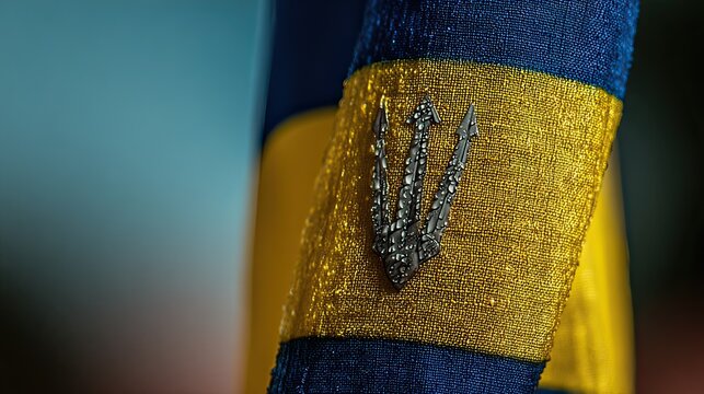 Close-up Barbados flag detail, trident emblem, blurred background, patriotic design