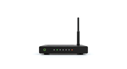 A black wireless router with an antenna stands on a white surface, showing indicator lights.