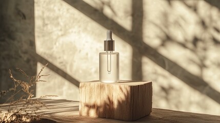 Clear dropper bottle on wooden stand, sunlit