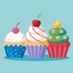 Three festive cupcakes with cherries and a christmas tree design on a light blue background